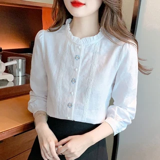 💐 เสื้อเกาหลี เสื้อเชิ้ตสีขาว งานปัก ย้อนยุค หวาน น่ารัก ฤดูร้อน ใหม่ เสื้อแขนยาว
