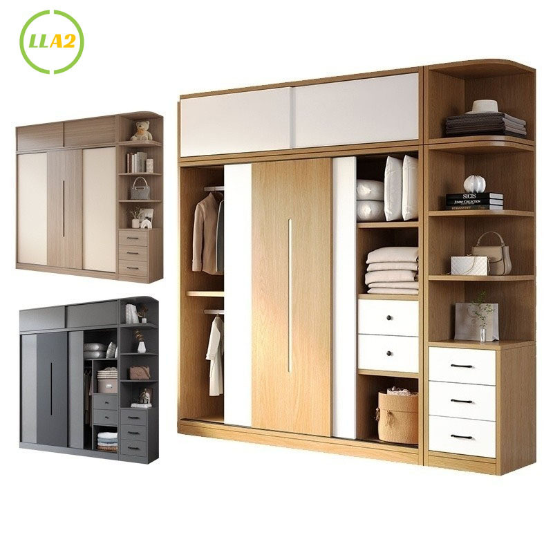 LLA2 ตู้เสื้อผ้า ประตูบานเลื่อนตู้เสื้อผ้าไม้เนื้อแข็งมัลติฟังก์ชั่รวมกันตู้เก็บของ