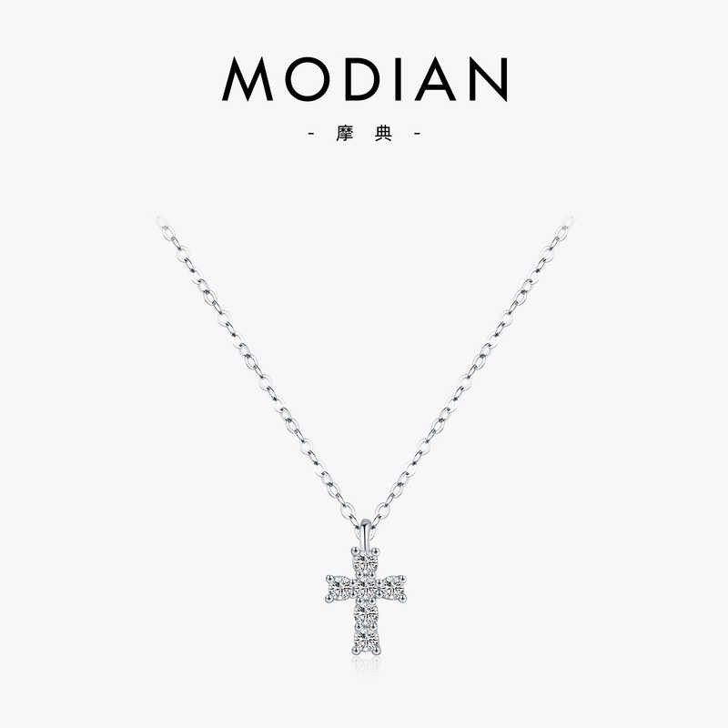 MODIAN MODIAN Moissanite Diamonds Silver Artistic Unique Cross จี้ซ้อนสไตล์สร้อยคอเพชรเต็มผู้หญิง