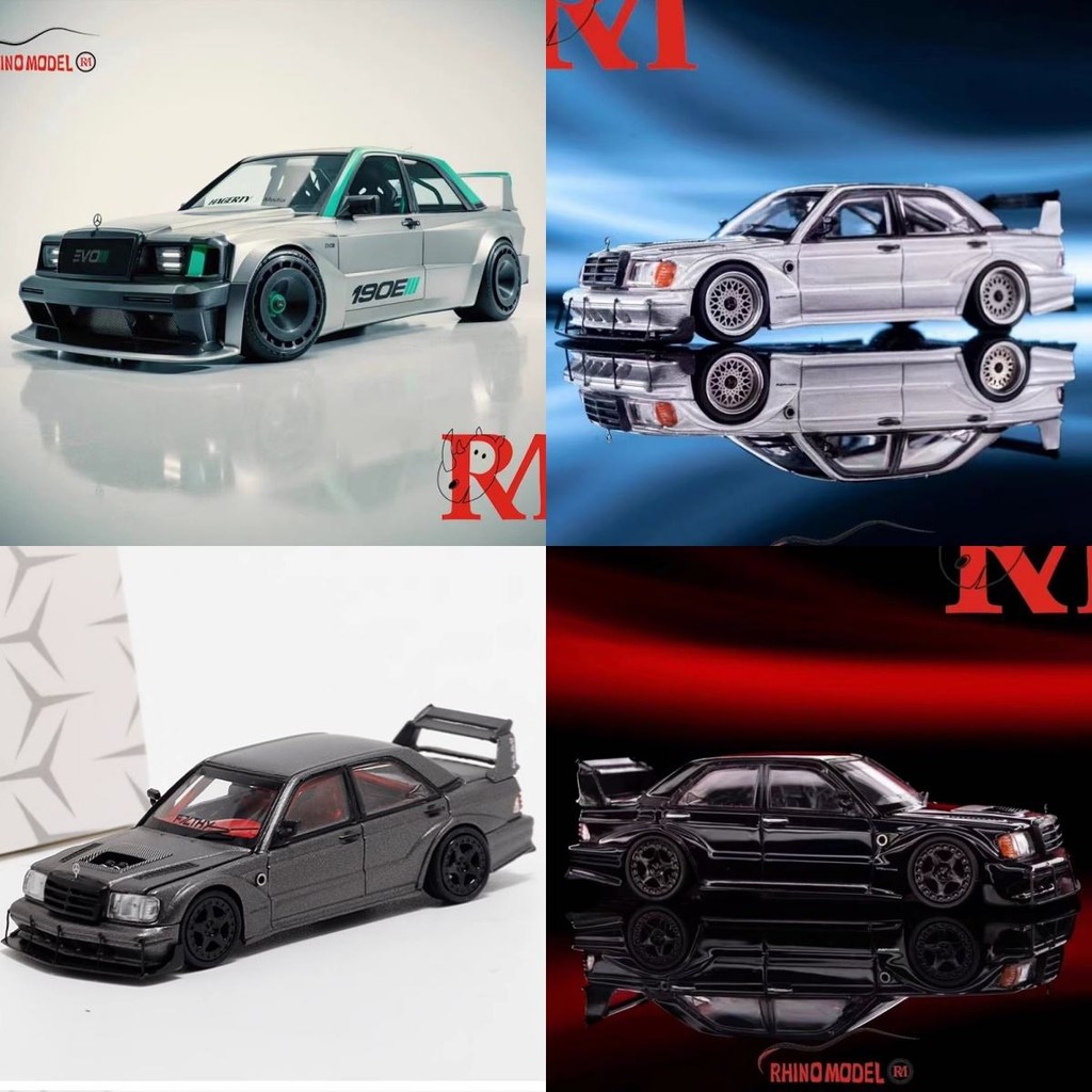 พร้อมสต็อก Rhino RM Rhino 64 Benz Benz 190E EVO II Wide Body Modified Silver Car Model Out of Print 