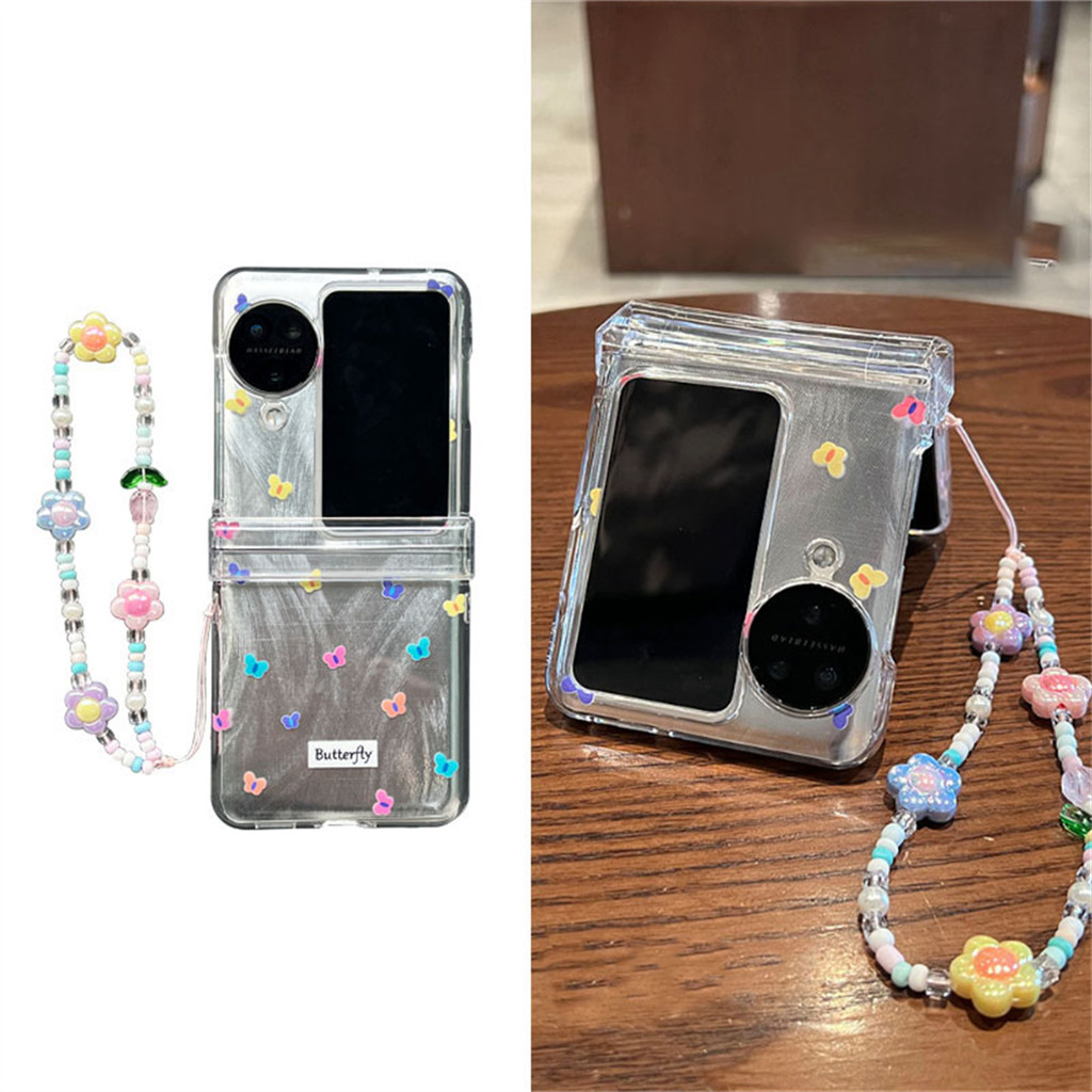 Ins เกาหลีน่ารัก Glitter สร้อยข้อมือดอกไม้ผีเสื้อเคสโทรศัพท์สําหรับ OPPO Find N2flip N3Flip N2 flip N3 flip กันกระแทกปกหลัง