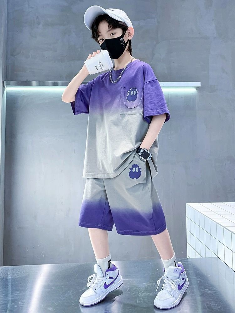 Akaki🌐 เสื้อผ้าเด็ก เสื้อผ้าหน้าร้อนเด็กชาย กางเกงขาสั้นห้าจุด สูทสองชิ้น เสื้อยืดแขนสั้นเด็กชายขน