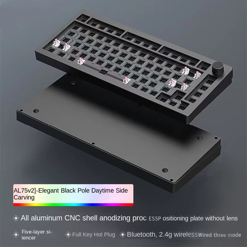 Al75v2 ชุดคีย์บอร์ดแบบกลไก CNC อลูมิเนียม 3 โหมดหลายทางเลือกไร้สาย Rgb คีย์บอร์ดเกมที่กําหนดเอง Bar