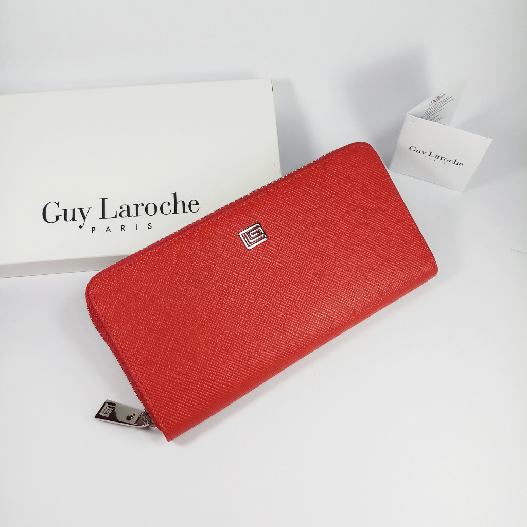 Guy Laroche แท้!!! กระเป๋าสตางค์ผู้หญิงใบยาว ซิปรอบ สีแดง หนังลาย อะไหล่สีเงิน หนังแท้ 100%