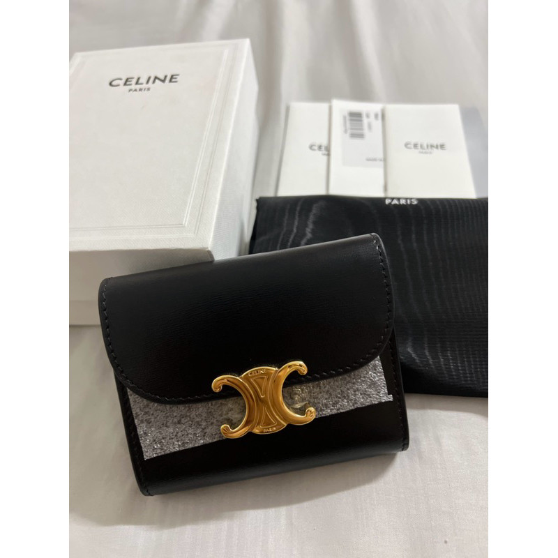 กระเป๋าสตางค์ celine สีดำ หนังลูกวัว เซลีน กระเป๋าเงิน TRIOMPHE Wallet กระเป๋าสตางค์ ขนาดเล็ก