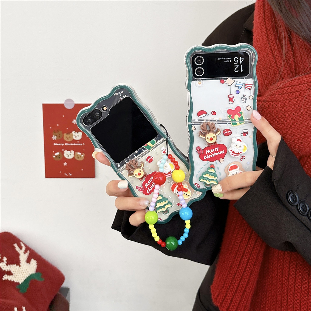 SAMSUNG เกาหลีน่ารักคริสต์มาสซานตาคลอสมนุษย์หิมะกรณีที่มีห่วงโซ่สร้อยข้อมือสําหรับsamsung Galaxy ZFlip 6 ZFlip 5 ZFlip 4 ZFlip3 ฝาครอบ