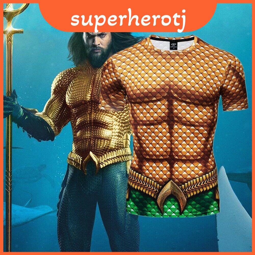เสื้อยืดกดกล้ามเนื้อAquaman 3D พิมพ์ลายสวยงาม ระบายเหงื่อได้ดี