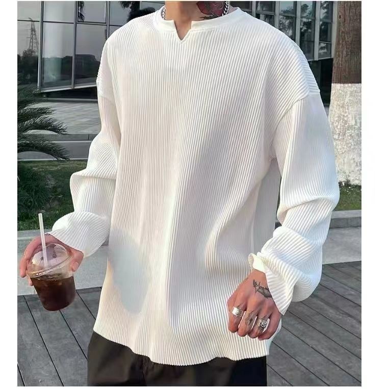 เสื้อเชิ้ตแขนยาวสำหรับผู้ชาย แบบคอกลม สีทึบ เหมาะสำหรับฤดูใบไม้ร่วงและฤดูหนาว