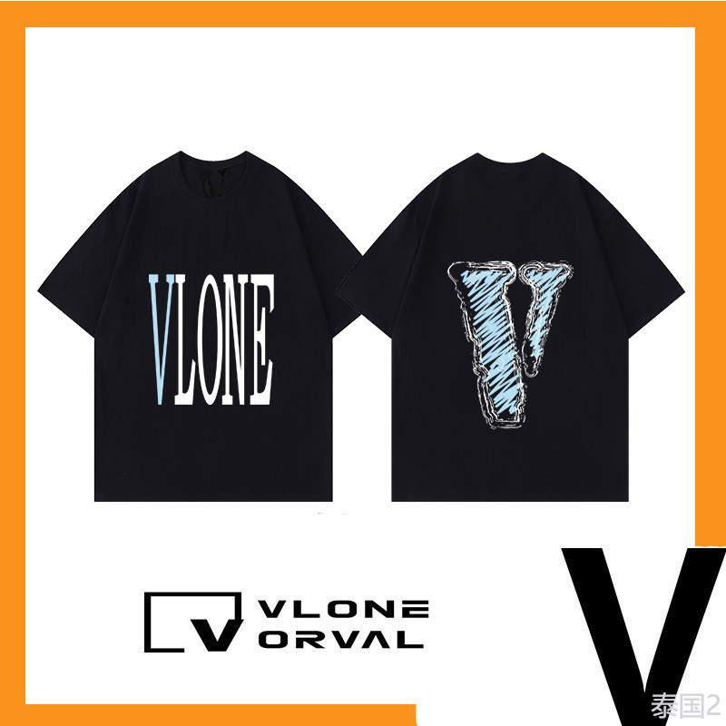 เสื้อ เสื้อผู้ชาย ผู้ชาย  Vlone ORVAL ของแท้ vlone เสื้อยืดแขนสั้นผู้ชายผู้หญิงคู่ Big v Country St