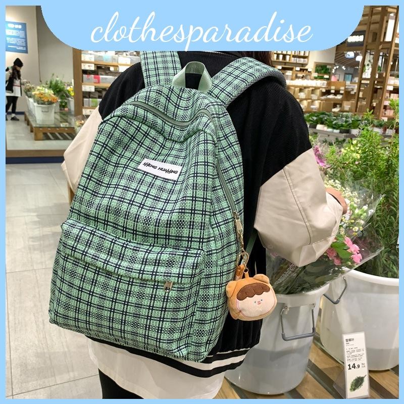 Pattern Checkered Letter Student Casual Backpack พร้อมจี้ตุ๊กตาสําหรับนักเรียนมัธยมต้น