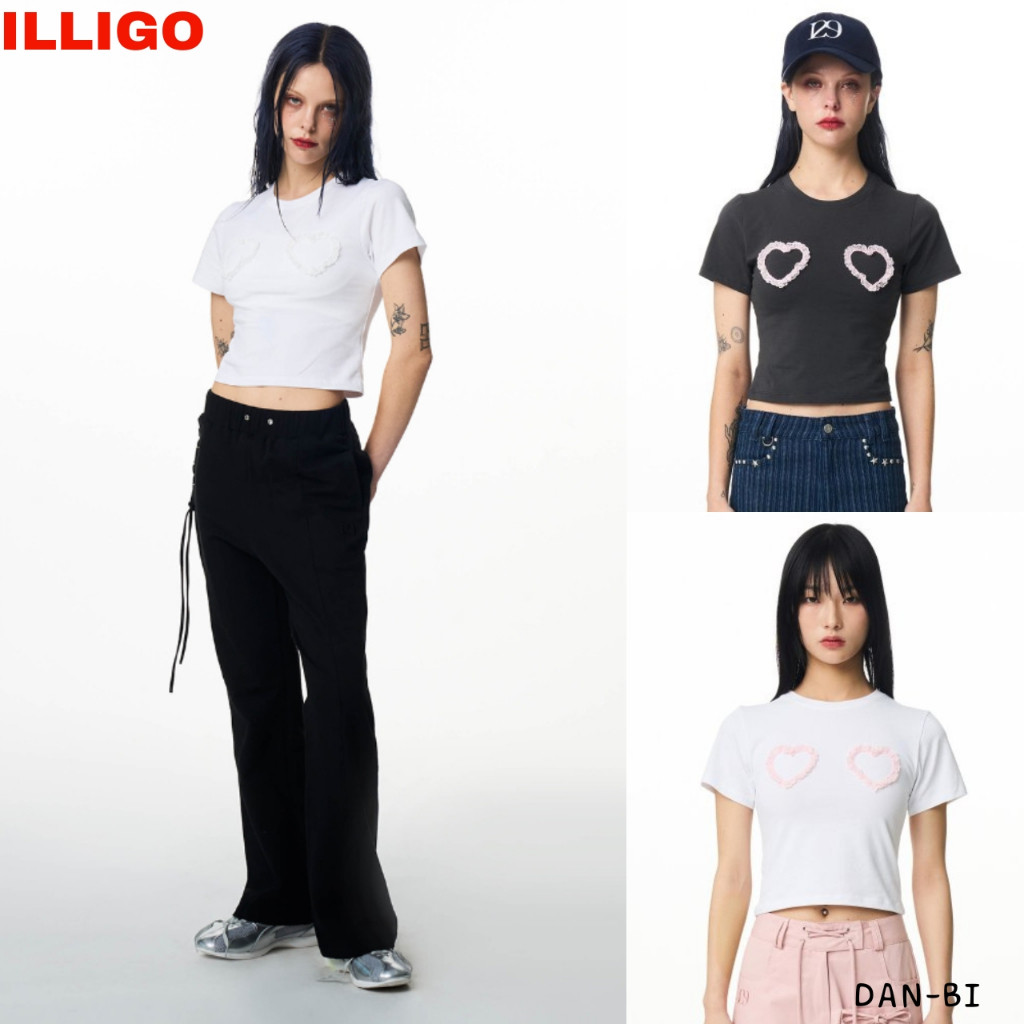 [ILLIGO] เสื้อยืดครอป ลายหัวใจ ลูกไม้ _4 สี / ดาราหลายคนใส่มัน! / สินค้า KR ของแท้ 100% / สําหรับฤด