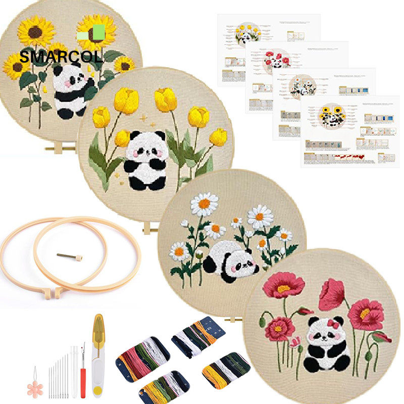 ดอกไม้น่ารัก Panda DIY ชุดเย็บปักถักร้อย DIY Panda เย็บปักถักร้อยหัตถกรรมอุปกรณ์แขวนวาดเข็มและด้ายชุ
