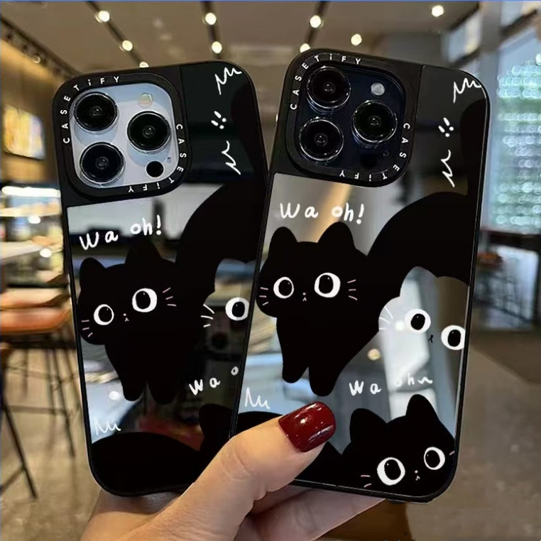 Casetifyกระจกปลอกสีดําและสีขาวแมวสําหรับiphone 11 12 13 14 15 16 Pro Max X XR XSMAX 7 8 SE 2020 เคสโทรศัพท์กันกระแทกคลุมทั้งหมด