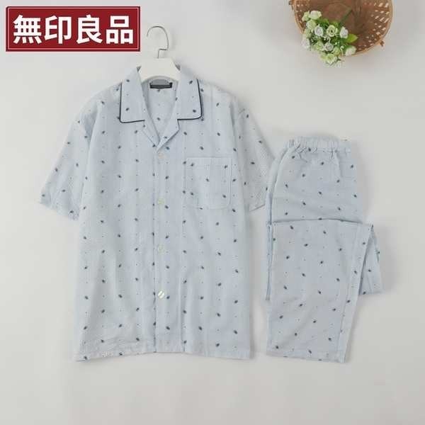 ชุดนอน muji MUJI/MUJI การค้าต่างประเทศผู้ชายทอผ้าฝ้ายโฟมเบาและระบายอากาศแขนสั้นกางเกงยาวชุดนอนชุดเล