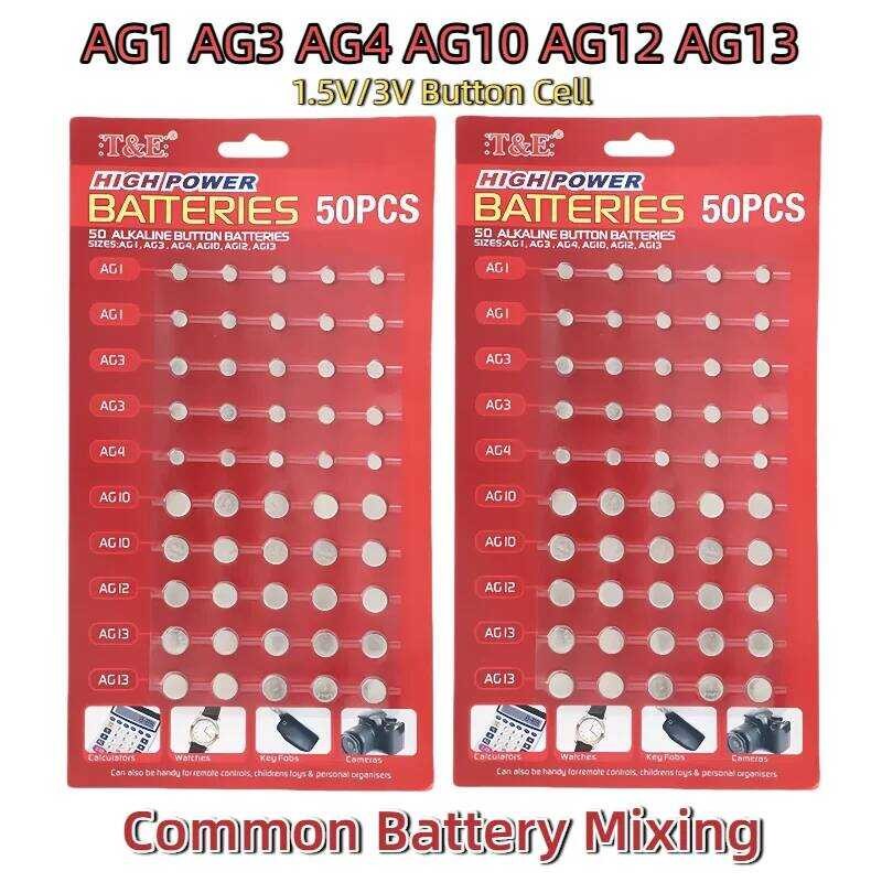 1.5V/3V 50PCS/การ์ด AG13 LR44 L AG1 AG3 AG4 AG10 AG12 SR44 แบตเตอรี่ปุ่ม A76 LR1154 GP7 สำหรับ