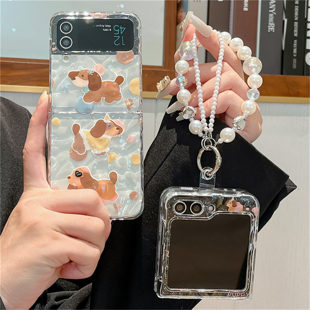 SAMSUNG หรูหราเกาหลีริ้วรอยใสดัชชุนมุกสร้อยข้อมือเคสโทรศัพท์สําหรับSamsung Galaxy ZFlip5 Zflip 5 6 Flip6 flip7 ZFlip5 Flip4 Flip6 ฝาหลัง