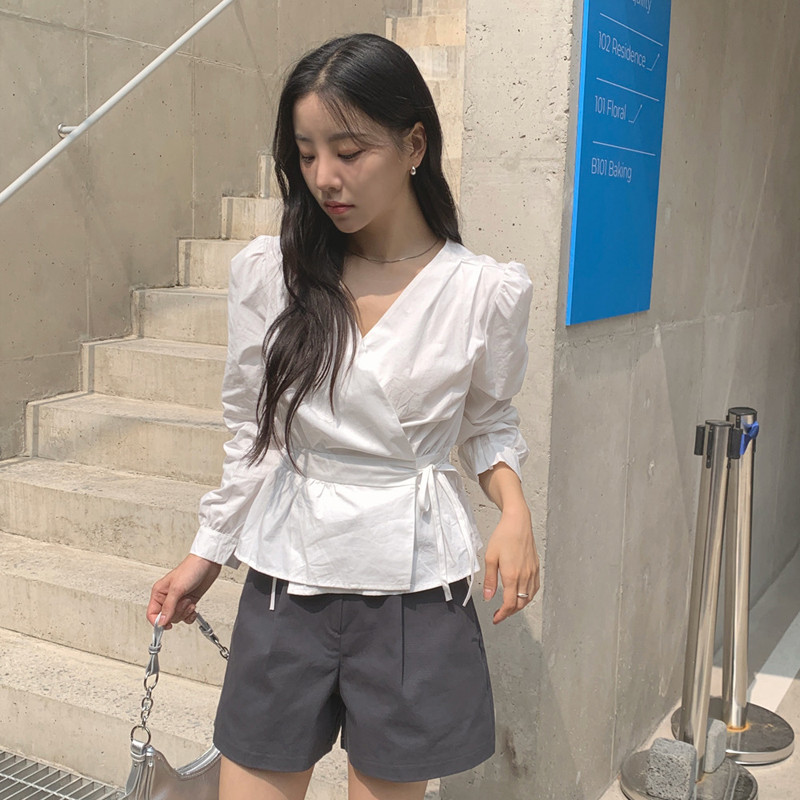 77924 คอวีหวานแคบ-เอวลูกไม้ขึ้นเสื้อแขนยาวด้านบน