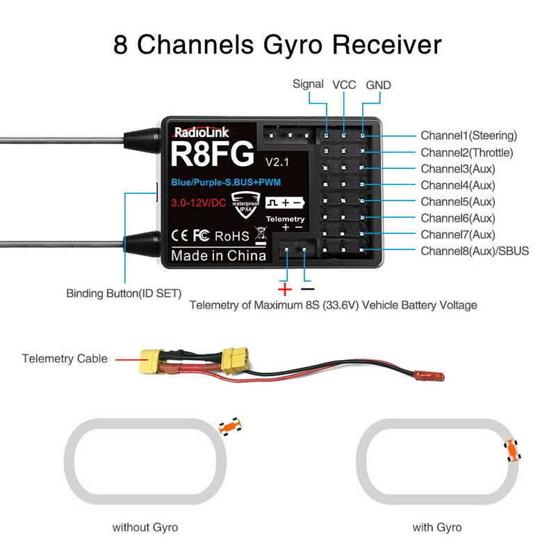 Δ วิทยุ R8fg 8 Channle 2.4G Gyro RC Receiver แรงดันไฟฟ้ากลับ 600 เมตร R