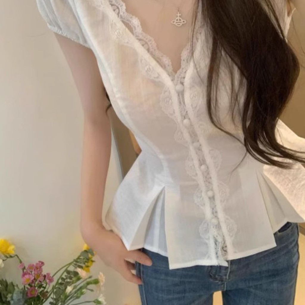 Toshow🌼 เชือกลูกไม้ลูกไม้ลูกไม้เสื้อคลุมคอวีแขนสั้นเสื้อเชิ้ตหญิงสาวฤดูร้อนเกาหลีเกาหลีเสื้อเชิ้ตเ