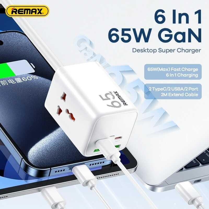 REMAX เครื่องชาร์จ USB Gan 6 In 1, 65W ประเภทพลังงานตั้งโต๊ะ C PD