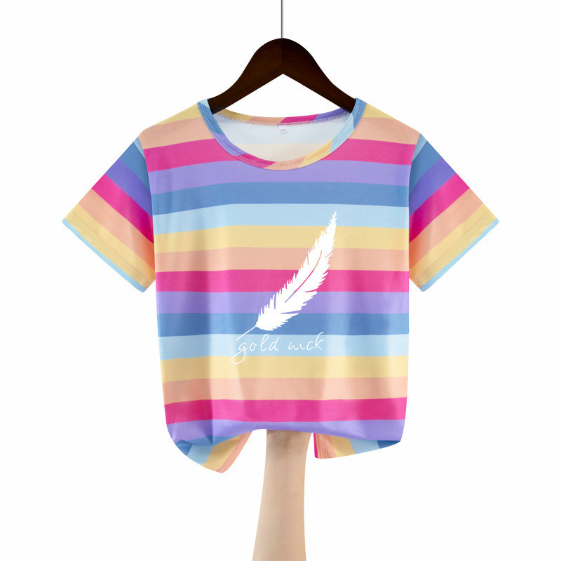 สาวแขนสั้นคอกลมทีเสื้อทีผ้าไหมน้ําแข็งการ์ตูนเสื้อยืดมันวาว