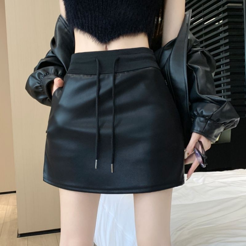 Drawstring Casual สีทึบ Culottes กระโปรงหนัง PU แฟชั่น Retro