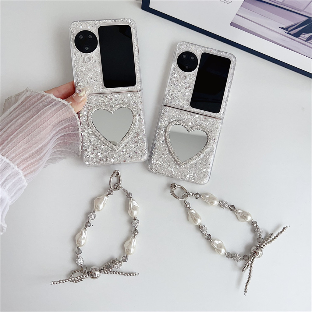 Insเกาหลีluxury Glitter love Heartกระจกมุกโบว์สําหรับOPPOค้นหาN2FLIP findn2 Flipค้นหาN3 Flipค้นหาN3Flip Cover