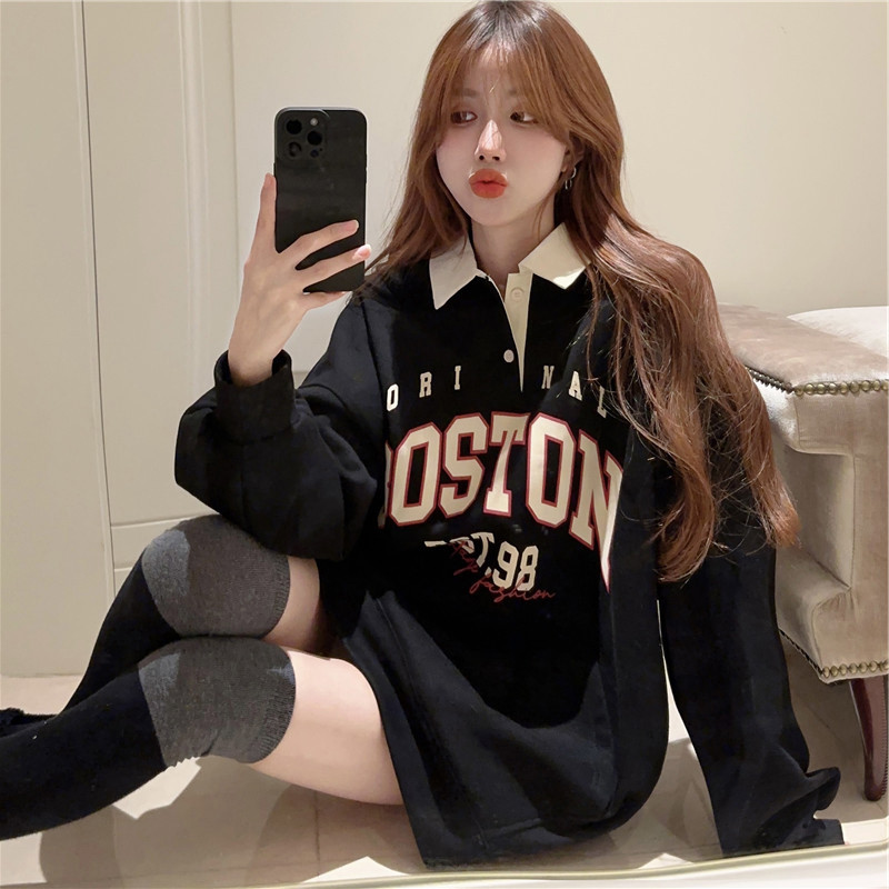Solovely สไตล์เกาหลี โอเวอร์ไซส์ เสื้อสเวตเตอร์โปโล พิมพ์ลาย หลวม เสื้อสเวตเตอร์