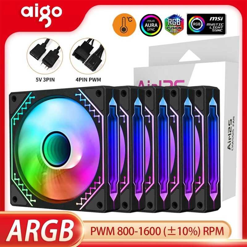 aigo กล่องพีซี Ai12s ขนาด 12 ซม. 4Pin 5V 3Pin ARGB เอฟเฟกต์แสง Mio แบบหมุนเวียน พัดลมระบายความร้อน C
