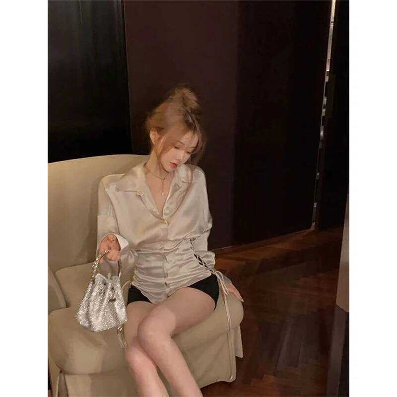 ▥  Y2k Satin Shirts Women Vintage Elegant Bandage Blouses Summer Gyaru Korean Sexy Long Sl