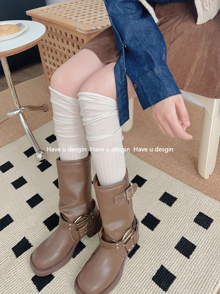 มี ยู desgin เย็บถุงเท้า Over-the-Knee ผู้หญิงฤดูใบไม้ผลิฤดูใบไม้ร่วงถุงเท้ายาวสีทึบสไตล์เกาหลีถุงเท้าต้นขาสีขาว Over-the @