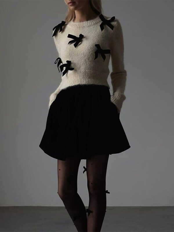 แฟชั่น 2Db 3D โบว์รอบคอผู้หญิงเสื้อกันหนาวแขนยาวสง่