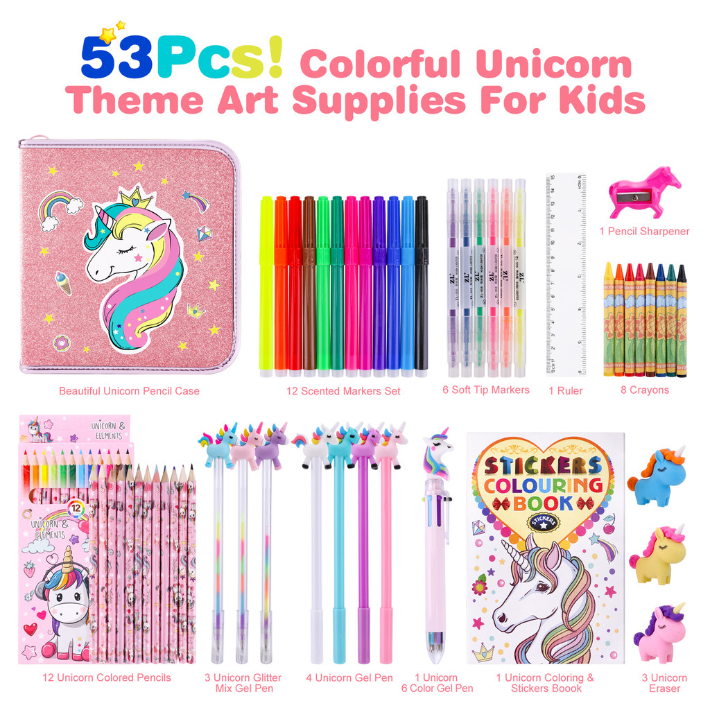 Stationery 53/56PCS Painting Sets for kids Unciorn Drawing Tool Colored Marker Pens Crayons Pencil