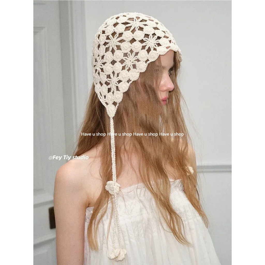 Have u shop Niche Design Handmade Crochet Hollow Baotou Hat Sweet Cool All-Match ถักหมวกเสื้อสวมหัวสาว