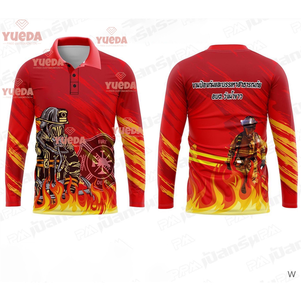 เสื้อทีมงานดับเพลิงแท้ ลายหมวกและหน้ากากนักผจญเพลิง