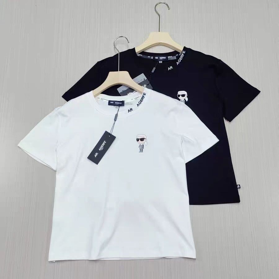 New_Karl&Lagerfe** เสื้อยืดแขนสั้นคอกลมผู้หญิงใหม่การ์ตูน Offset พิมพ์คอปกปัก Lett