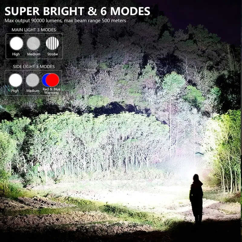 ➧ ไฟฉายมือถือ Xhp90 LED ชาร์จได้พลังงานสูง 6. โหมดโคมไฟ
