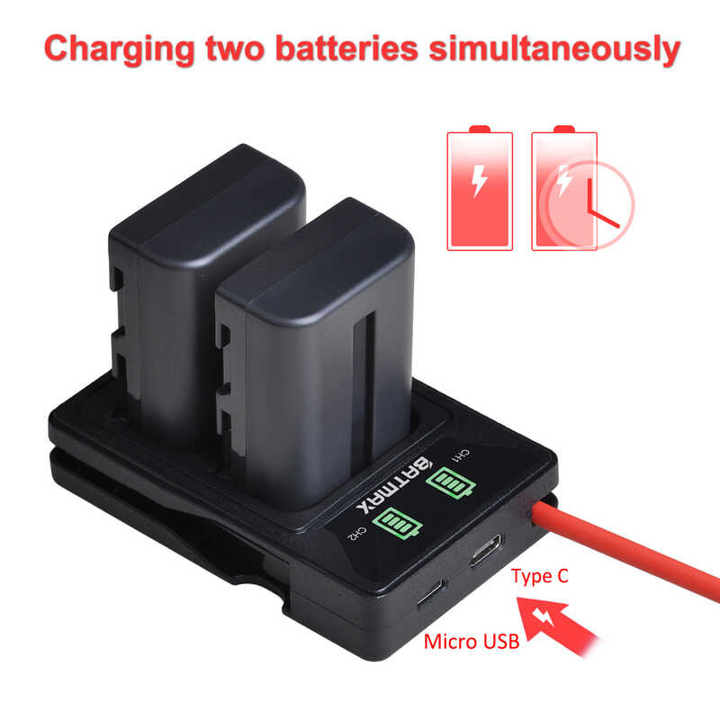 Batmax 7 NP-FM500H FM500H Battery +LED USB Dual Charger with Type C Port for Sony A57 A58 A65 A77