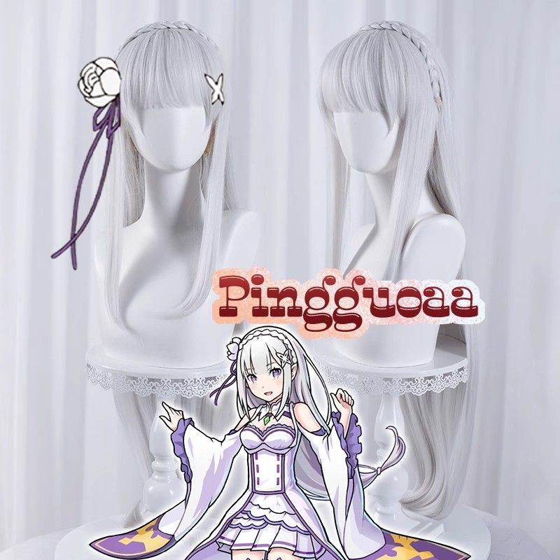 Anime Re:Life in a Different World from Zero Emilia Cosplay Wig 100cm Long Silver White Heat Resist