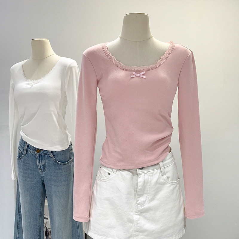 79900 U-Neck Lace Trim Bow Slim-Fit เสื้อยืดแขนยาว