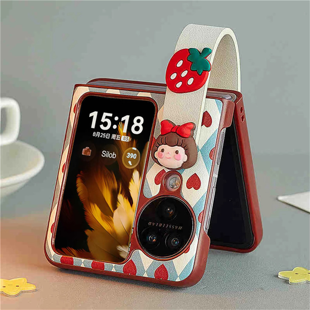 เกาหลีน่ารัก Rhombus Love Girl สตรอเบอร์รี่กรณีสายรัดข้อมือสําหรับ OPPO Find N2 Flip ค้นหา N3 Flip กันกระแทกปกหลัง