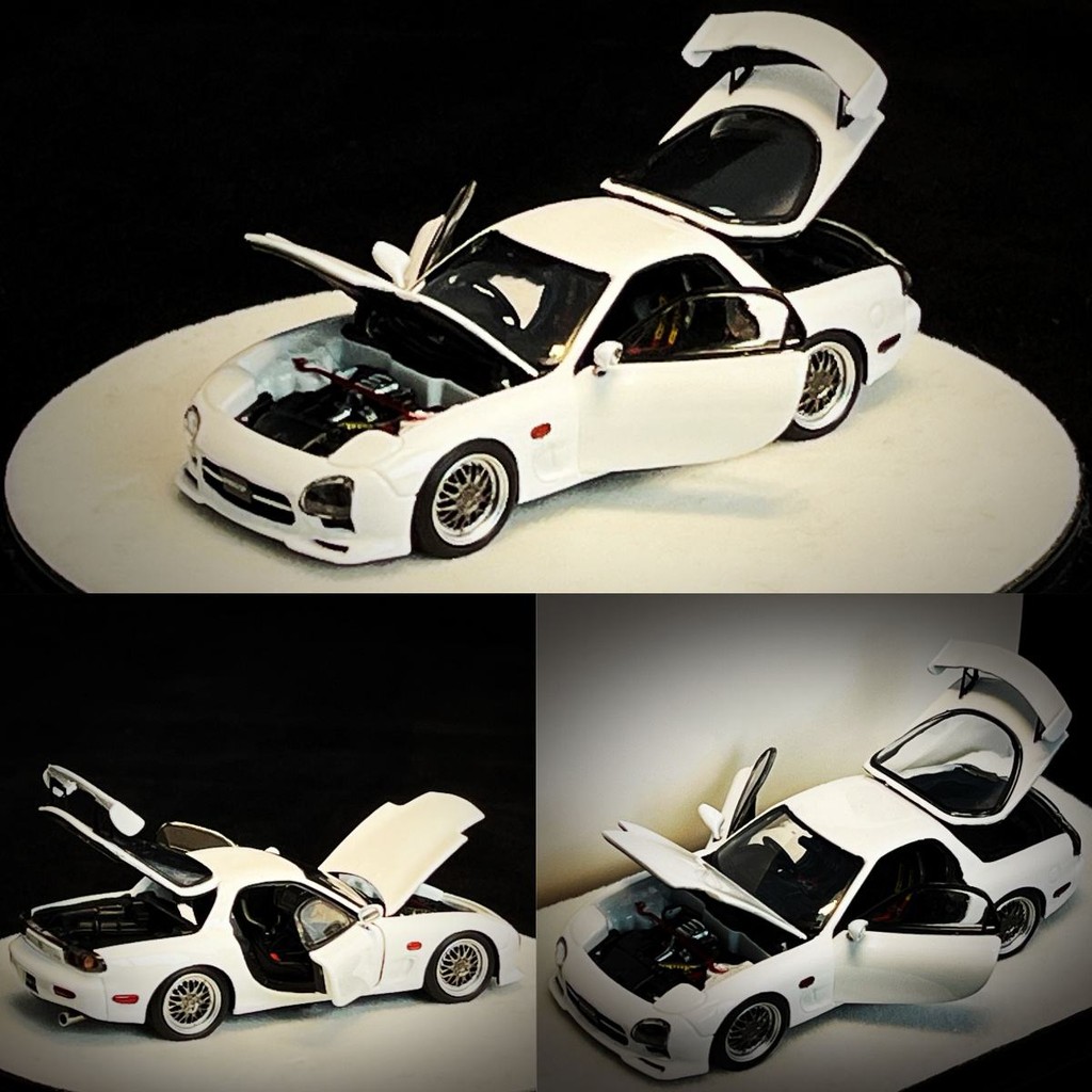 คลังสินค้าพร้อม PGM 1: 64 MAZDA RX-7 FD3S สีขาว RX7 รถโลหะผสมเปิดเต็มรูปแบบรุ่น Out of Print รถโมเดล