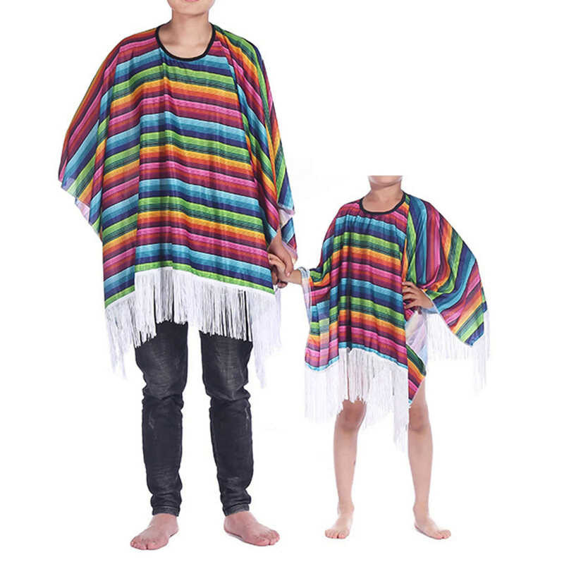 ❤ Kid Party Costume Colorful Cloak Poncho Sombrero Hat Sunglasses Mustache Set For Mexican Fie