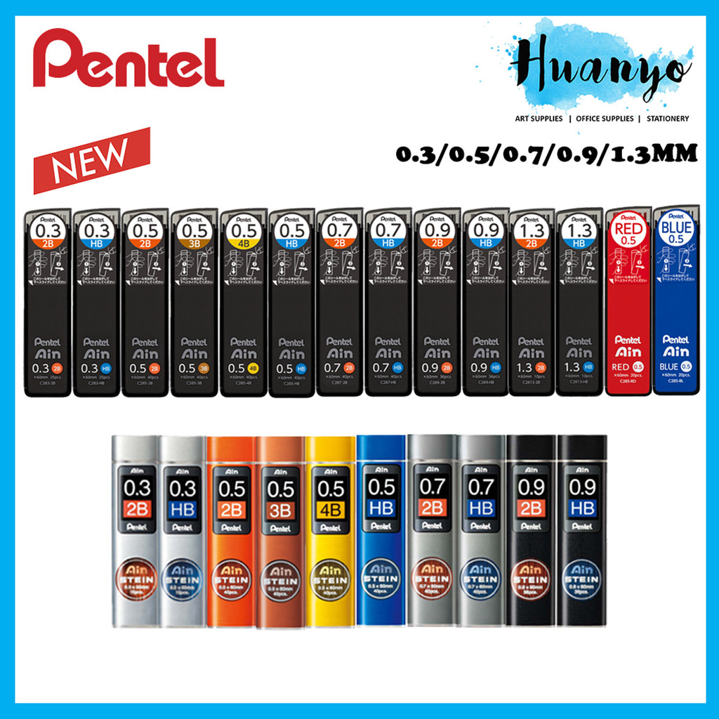 [HUANYO] Pentel Ain Stein Mechanical Pencil Lead 0.3/0.5/0.7/0.9mm/1.3mm x 60MM (ตะกั่วสีสีดํา/น้ําเงิน/แดง)