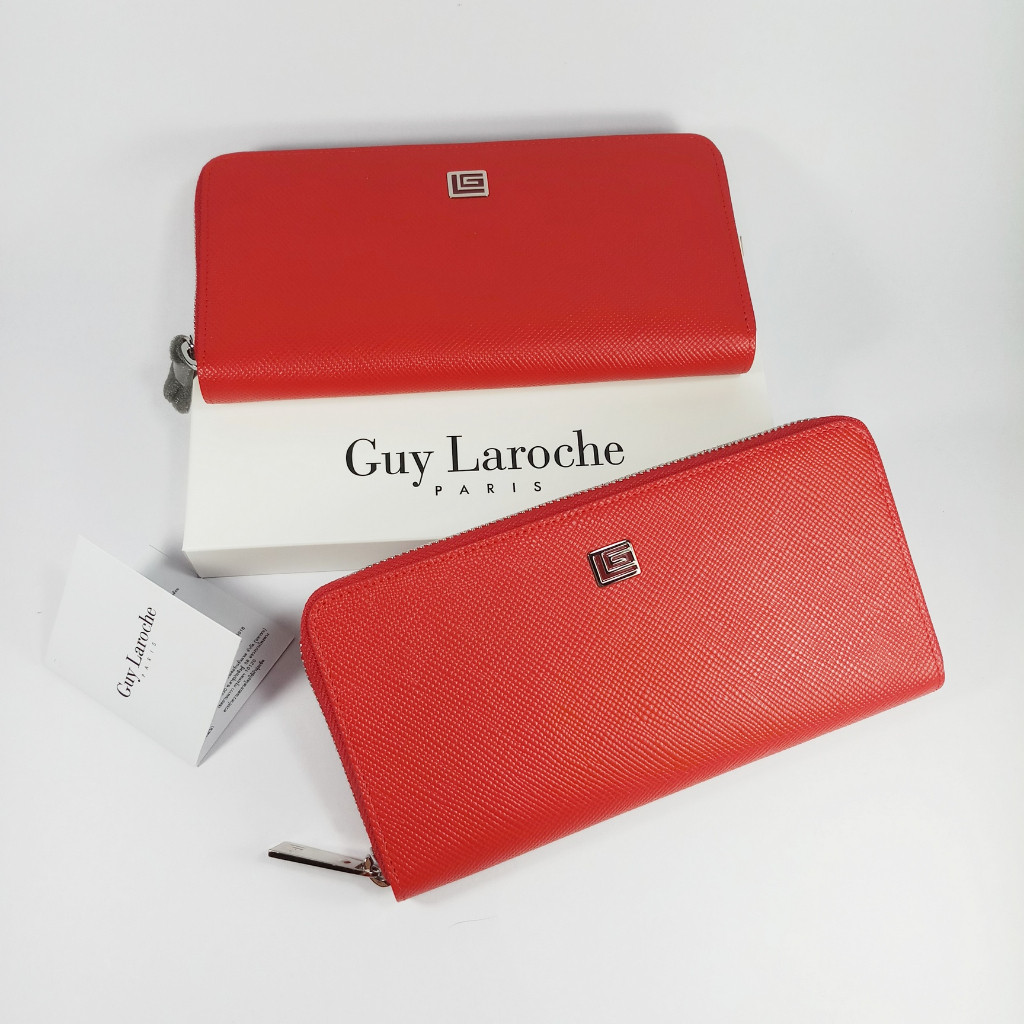 Guy Laroche กระเป๋าสตางค์ผู้หญิงใบยาว ซิปรอบ สีแดง หนังลาย อะไหล่สีเงิน หนังแท้ 100%