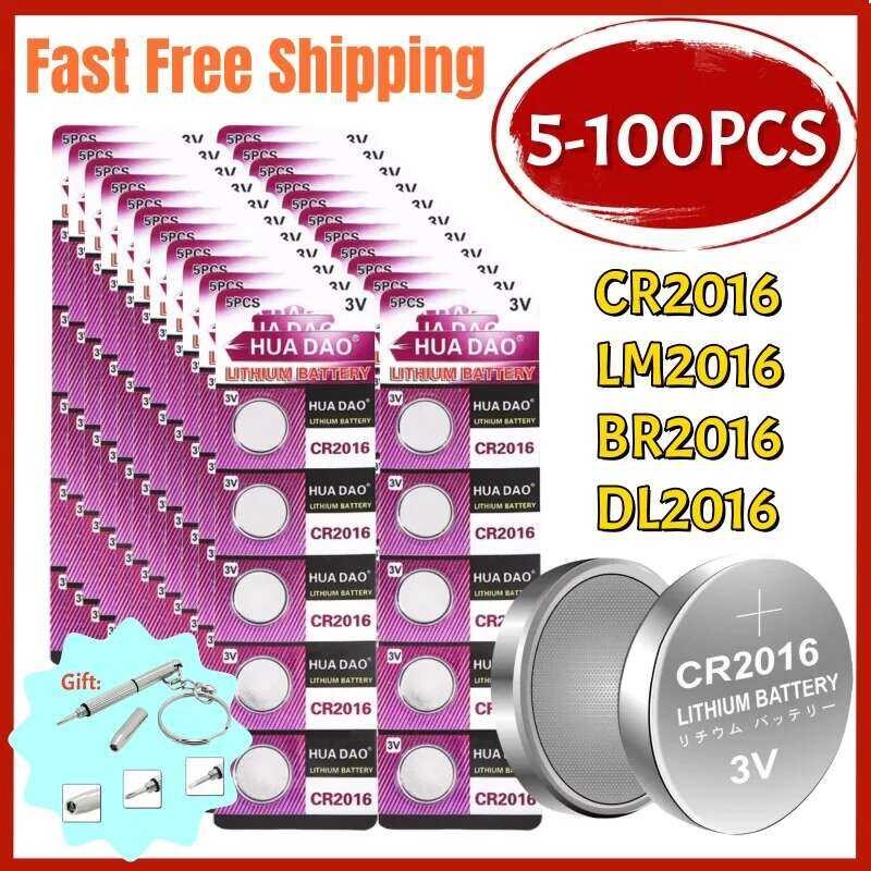 แบตเตอรี่ปุ่ม CR2016 5-100 ชิ้น 3V LM2016 BR2016 DL2016 CR 2016 แบตเตอรี่ลิเธียมสำหรับนาฬิกา