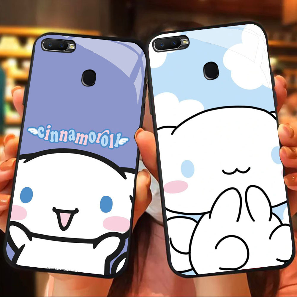 MK-47 Cinnamoroll Liquid HD Glass Casing สําหรับ OPPO A7 A12 A12S A11K A5S F9 F7 F5 Realme 2 Pro