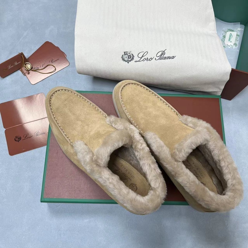 Sdloro * Piana ของแท้หนังขนสัตว์ One-Piece High-Top Loafers LP Slip-On Wool Plus ขนแกะรองเท้าบู๊ตหิ