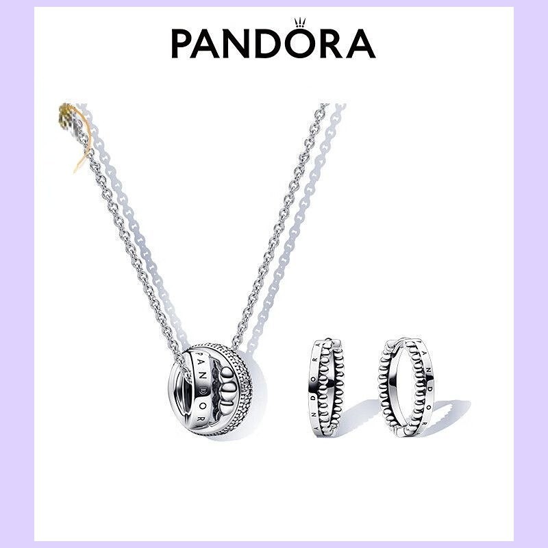 ♞Pandora ชุดสร้อยคอ ต่างหู และต่างหู เงิน 925 ประดับลูกปัด ลายโลโก้