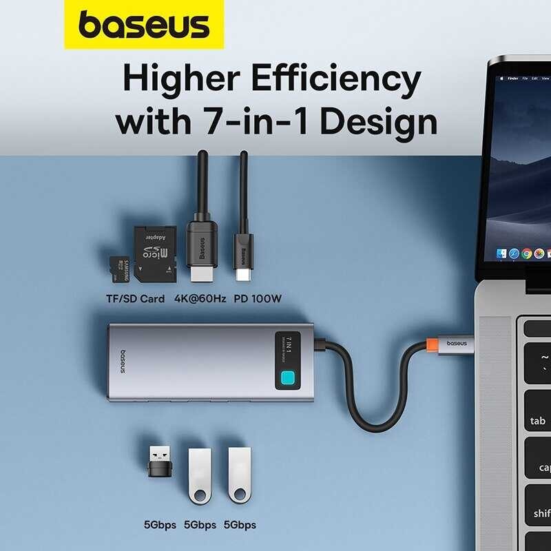 Baseus 7 ใน 1 Gen 2 C ฮับ 4K@60Hz HDMI 3 * USB 3.0 PD 100W Type-C พอร์ต SD / TF Reader ส